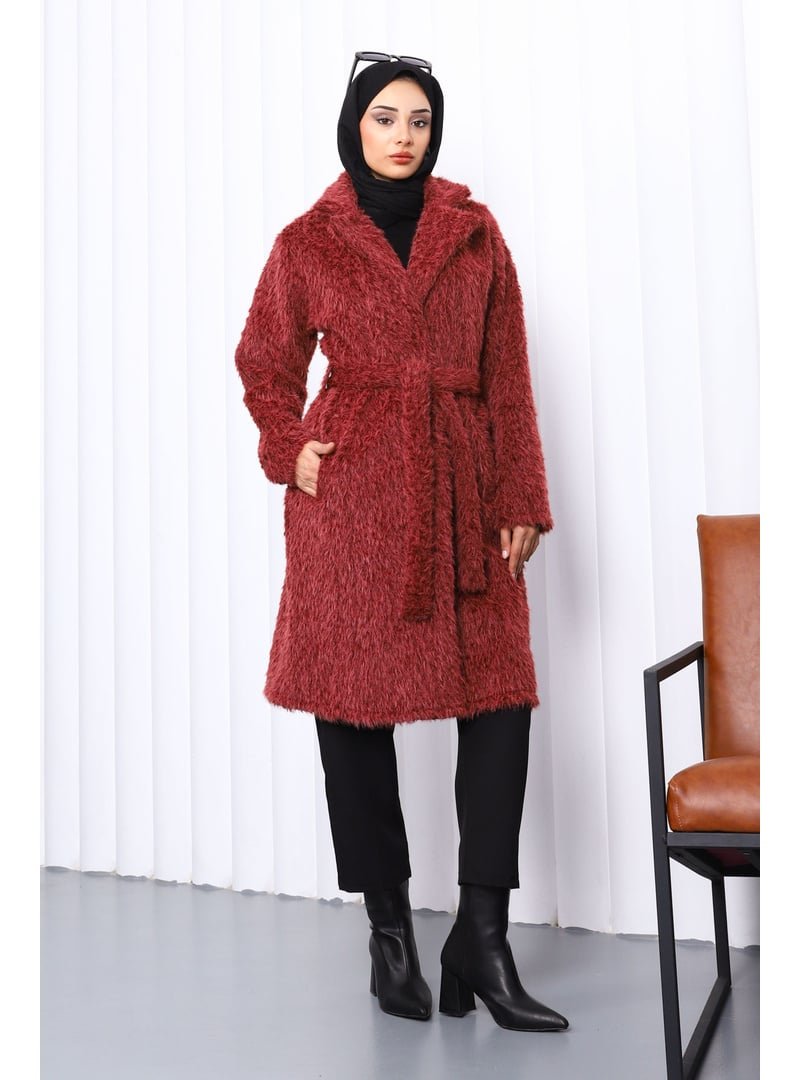 İmaj Butik Bordo Düğmeli Uzun Cepli Kürk Kaban
