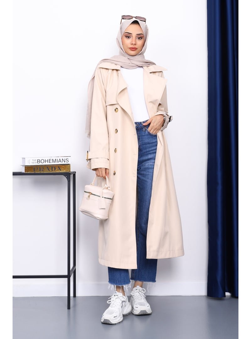 İmaj Butik Bej Kravuze Yaka Kuşaklı Trençkot