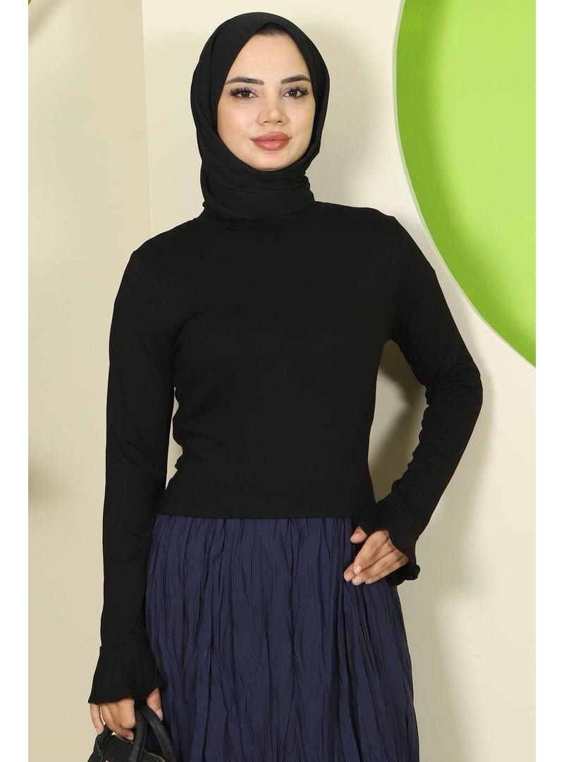 Hafsa Mina Siyah Manşeti Volanlı Bisiklet Yaka Body