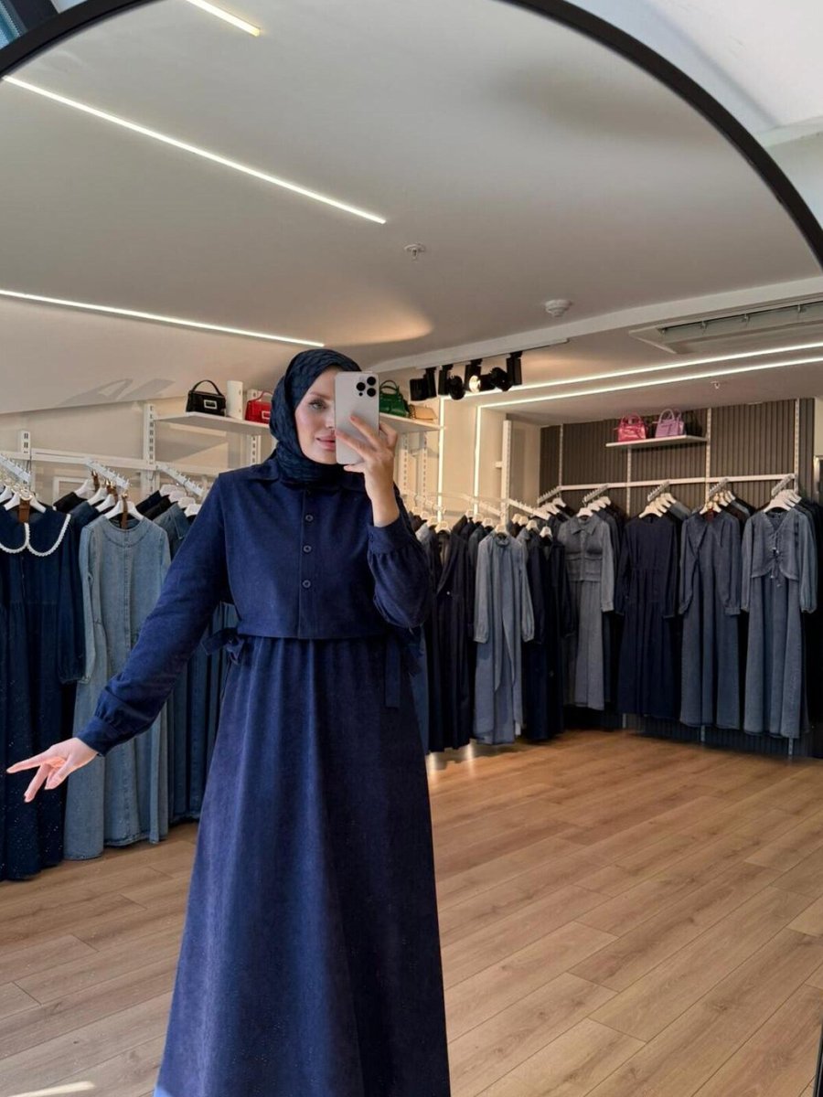 OlaLady Lacivert Yanları Bağlamalı Yelekli Süet Elbise