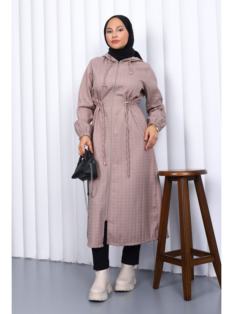 İmaj Butik Vizon Kapüşonlu Büyük Beden Kapitone Uzun Kaban