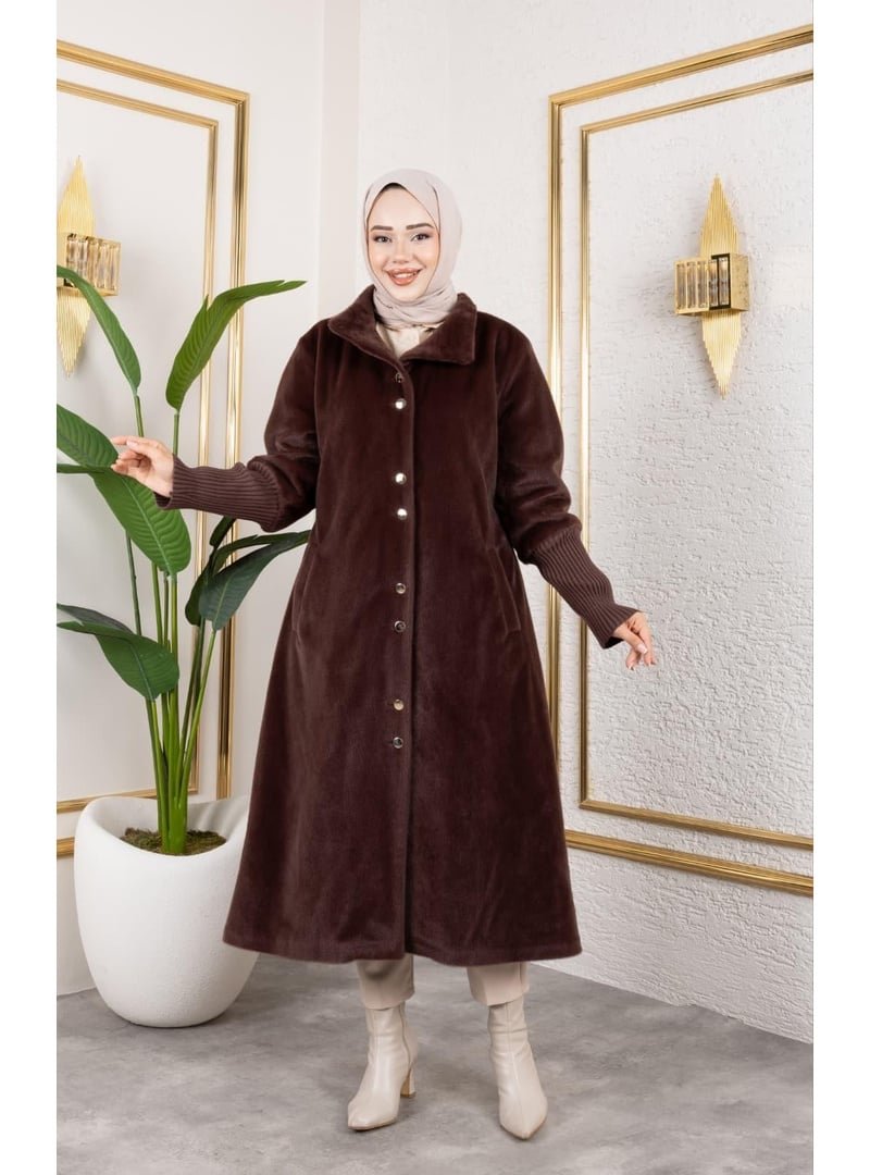 Harmatime butik Astarlı Angora Düğmeli Kahverengi Kaban