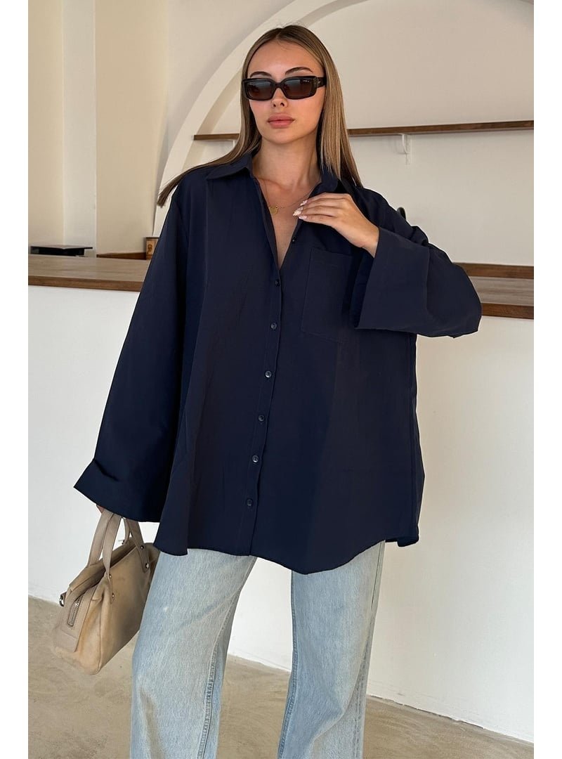 Olcay Lacivert İspanyol Kol Salaş Pamuklu Gömlek Olcay Lacivert İspanyol Kol Salaş Pamuklu Gömlek