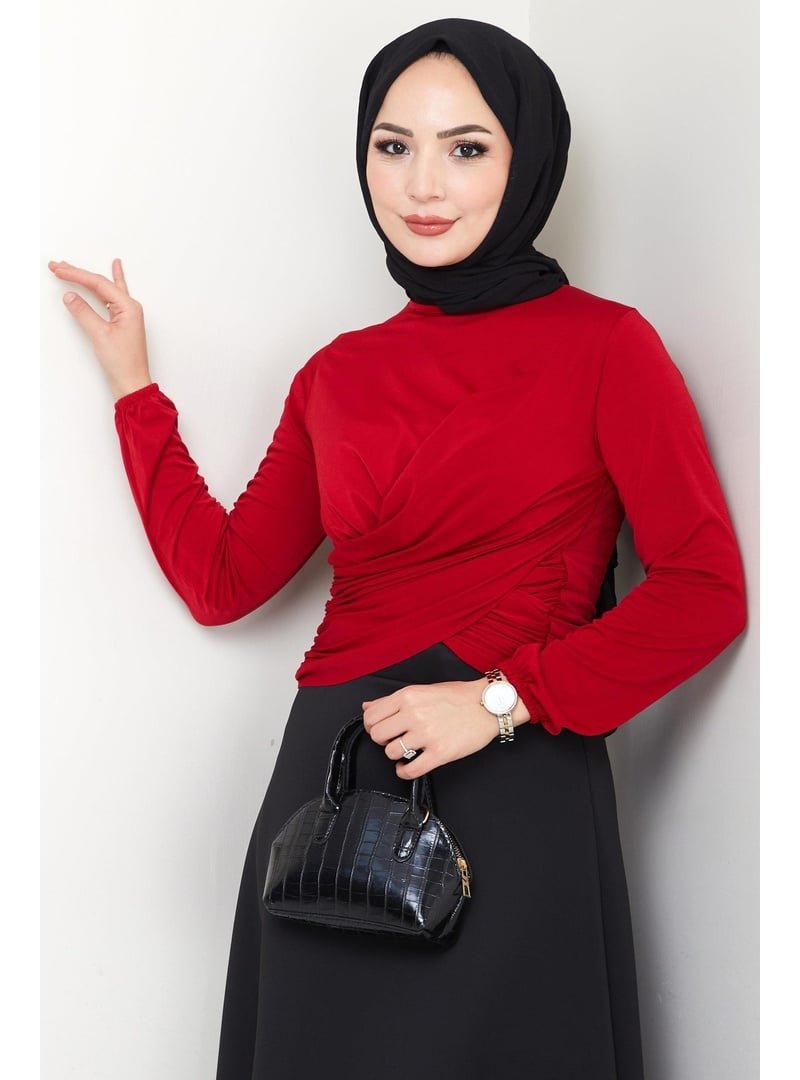 Hafsa Mina Kırmızı Bisiklet Yaka Büzgülü Sandy Bluz