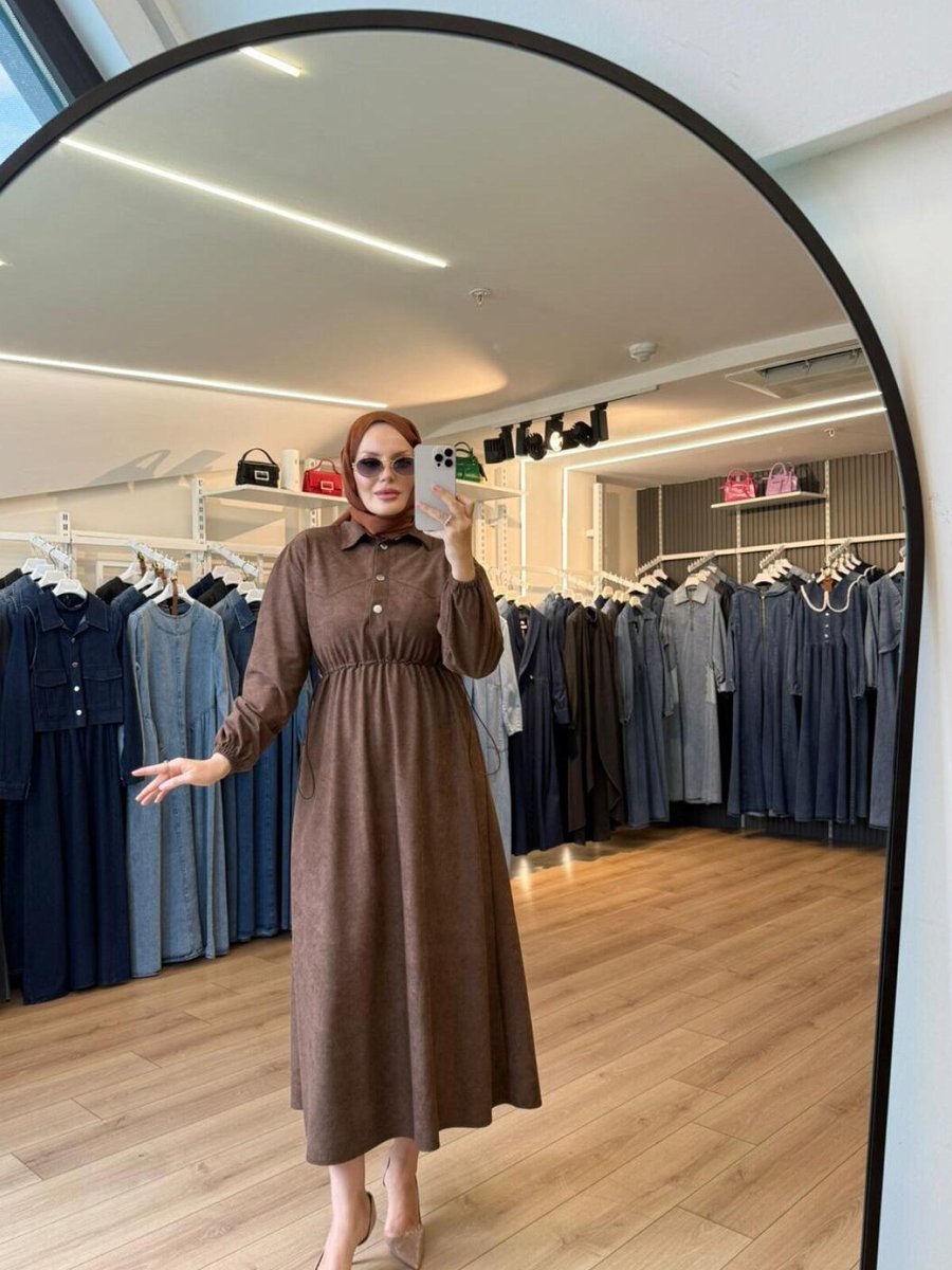 OlaLady Kahverengi Beli Büzgülü Süet Kumaş Elbise