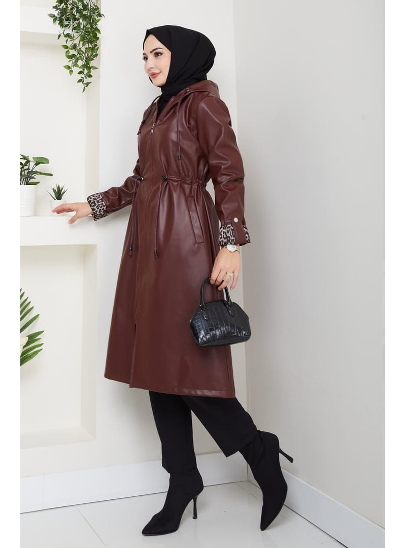 Harmatime butik Kapüşonlu Fermuarlı Şardonlu Deri Bordo Kap