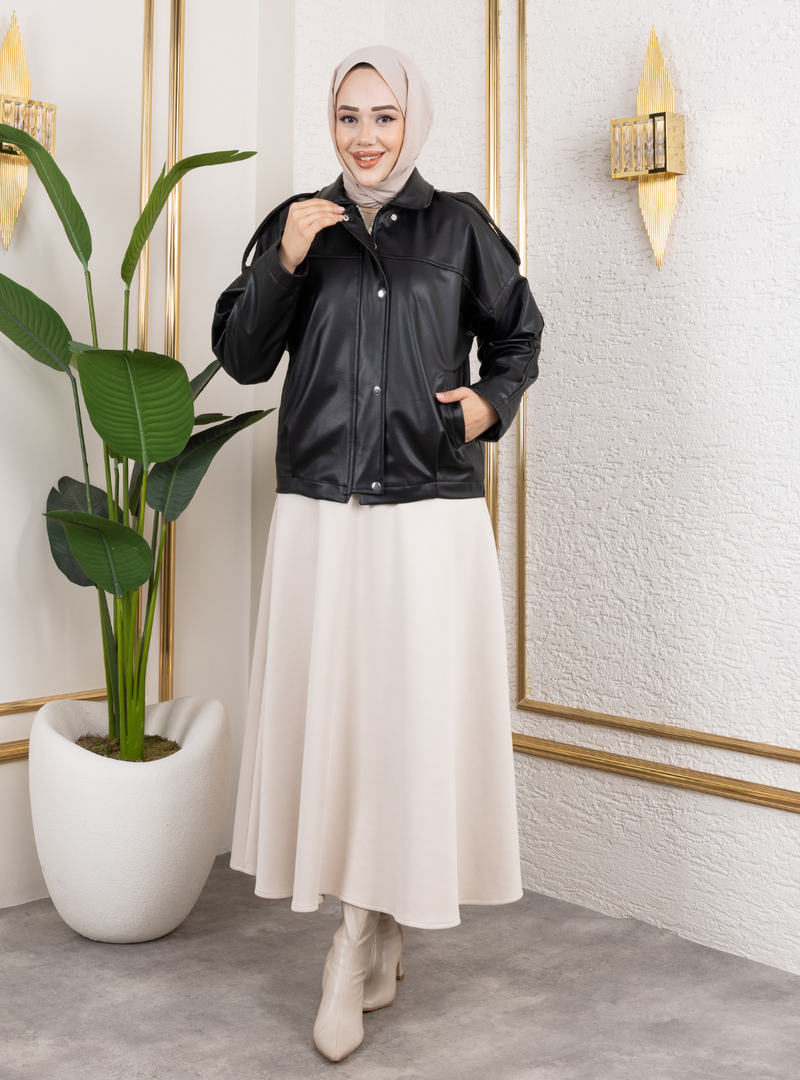 Harmatime butik Siyah Deri Astarlı Fermuarlı Ceket
