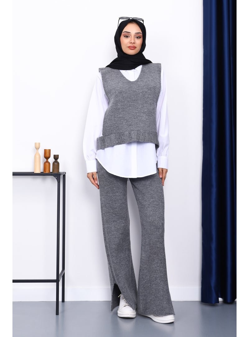 İmaj Butik Füme Gömlekli Üçlü Triko Takım