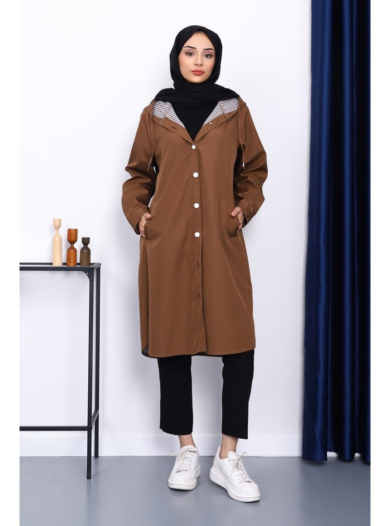 İmaj Butik Camel Kapüşonlu Düğme Detaylı Trençkot