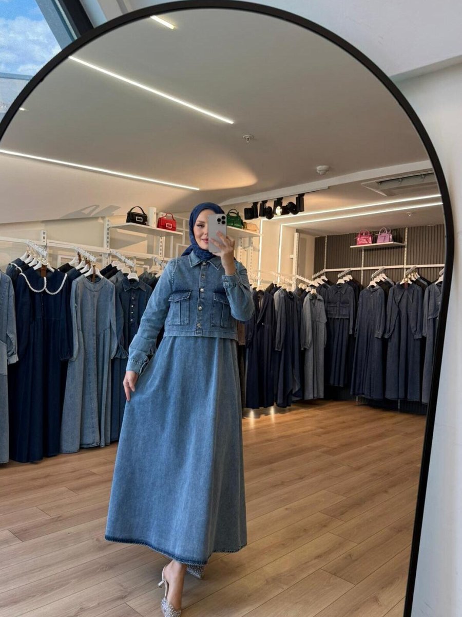 OlaLady Mavi Kargo Cepli Yelekli Elbise Yelek İkili Takım