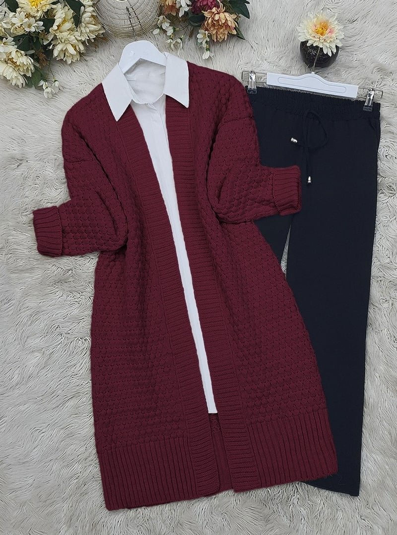 Podyumplus Bordo Kabartma Desen Triko Hırka