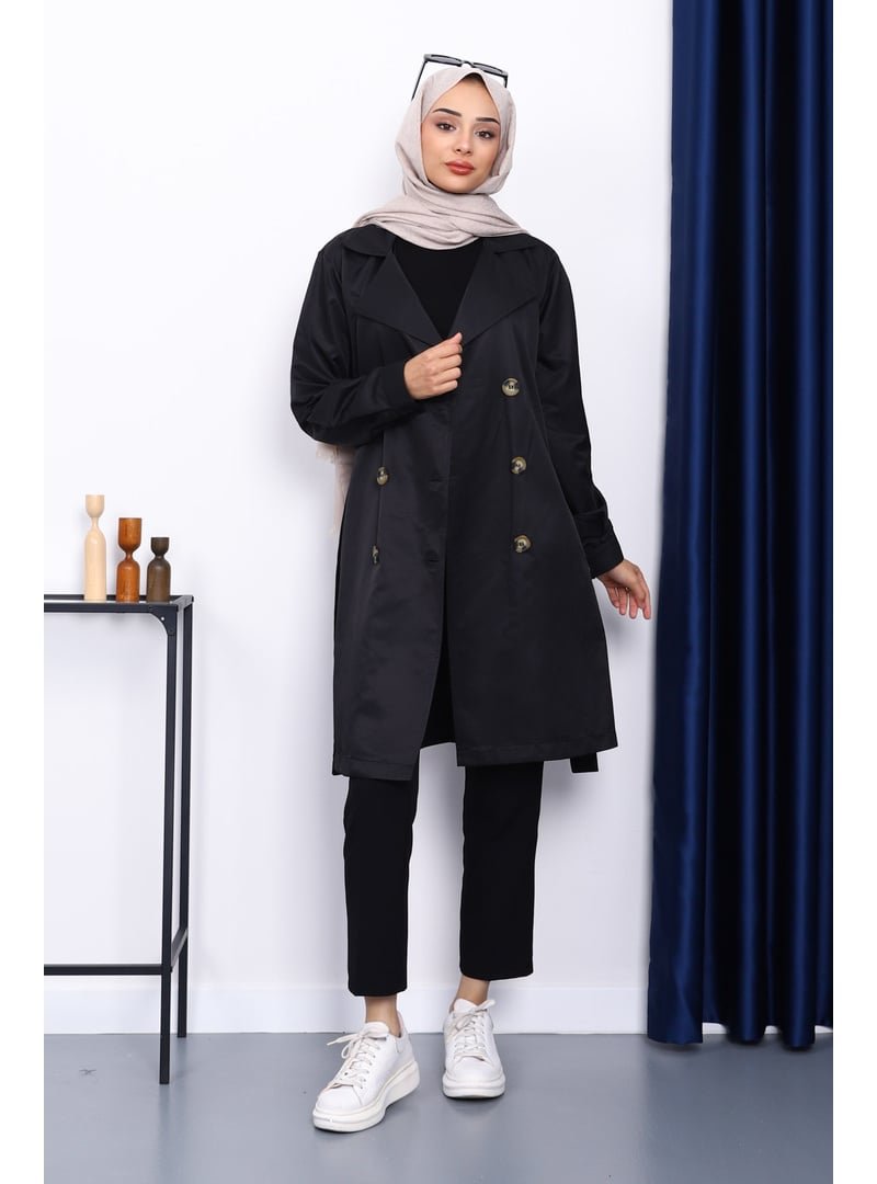 İmaj Butik Siyah Kruvaze Yaka Trençkot