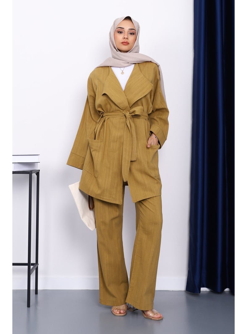 İmaj Butik Yağ Yeşili Bel Kuşaklı Keten Kimono Pantolonlu Takım