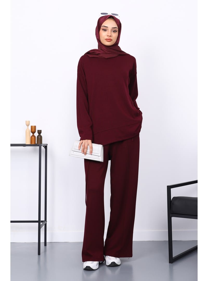 İmaj Butik Mürdüm Ön Detaylı Modal Tunik Pantolonlu Takım