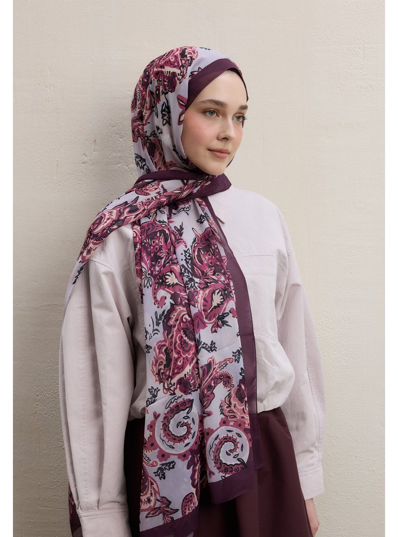 FRESHSCARFS Mürdüm Wıld Flora Desen İpek Krep Şal