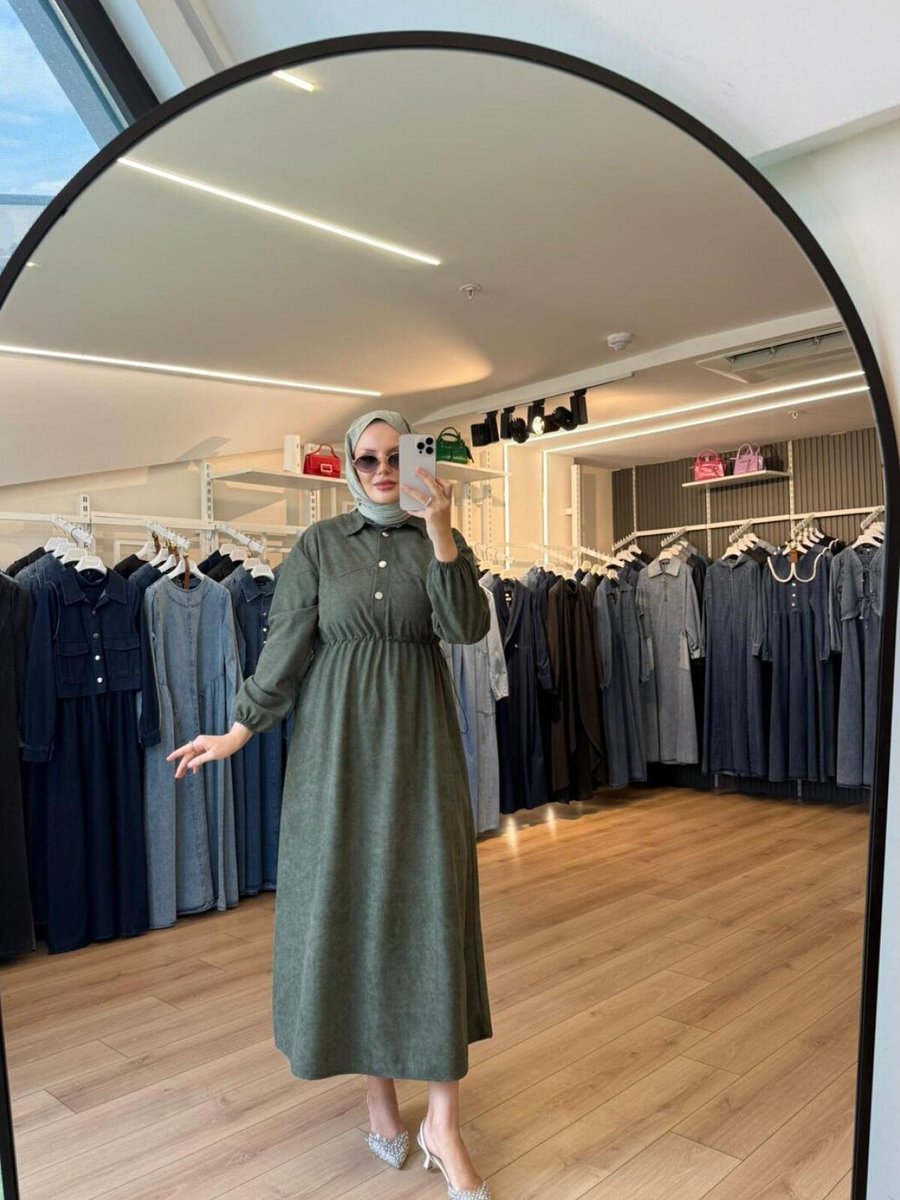 OlaLady Haki Beli Büzgülü Süet Kumaş Elbise