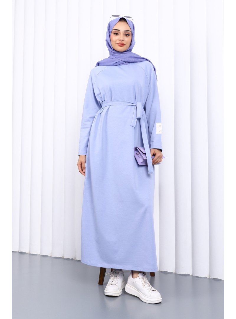 İmaj Butik Lila Bisiklet Yaka Bel Kuşaklı Elbise