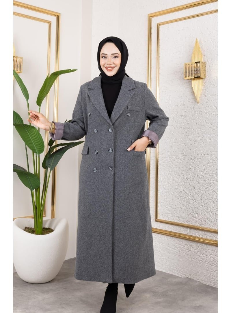 Harmatime butik Astarlı Düğmeli Cepli Uzun Antrasit Kaşe kaban