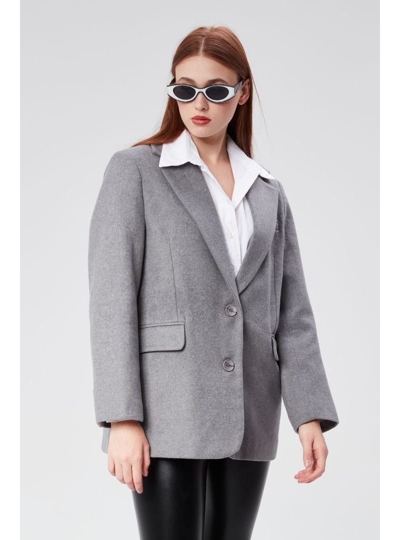 Bolivente Gri Kruvaze Yaka Regular Fit Kaşe Ceket