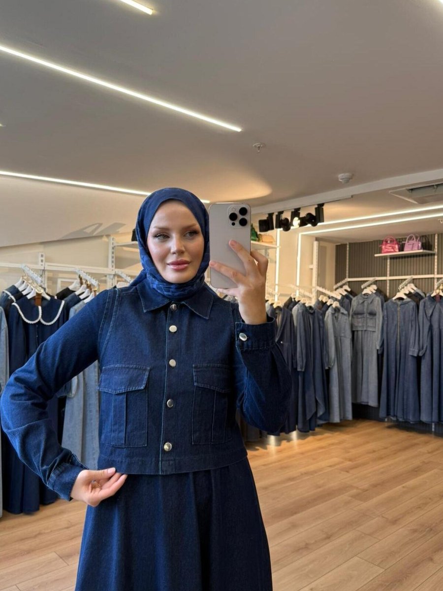 OlaLady Lacivert Kargo Cepli Yelekli Elbise Yelek Takım