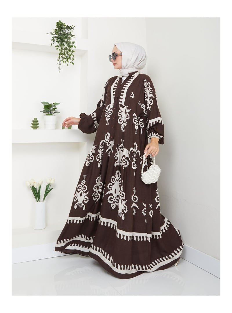 Volt Clothing Kahverengi Etnik Desenli Elbise