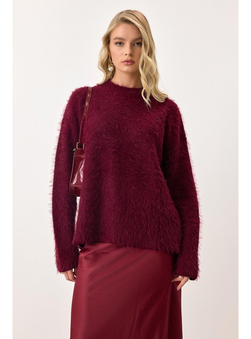 Olcay Bordo Oversize Tüylü Soft Kazak