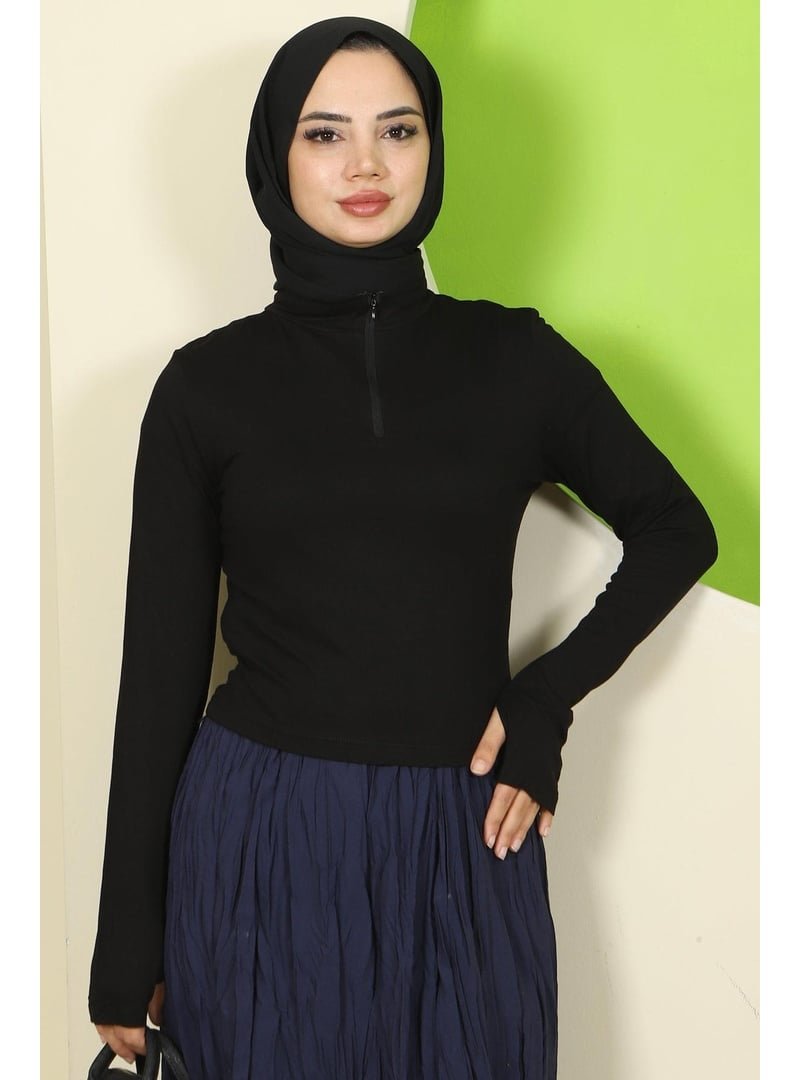 Hafsa Mina Siyah Yarım Fermuarlı Body