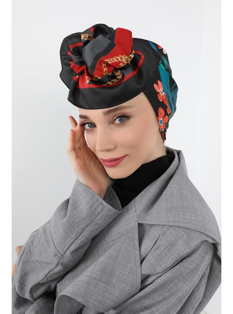 Aisha`s Design Desen V1 Arkadan Bağlanabilir Desenli Saten Bone Türban,db