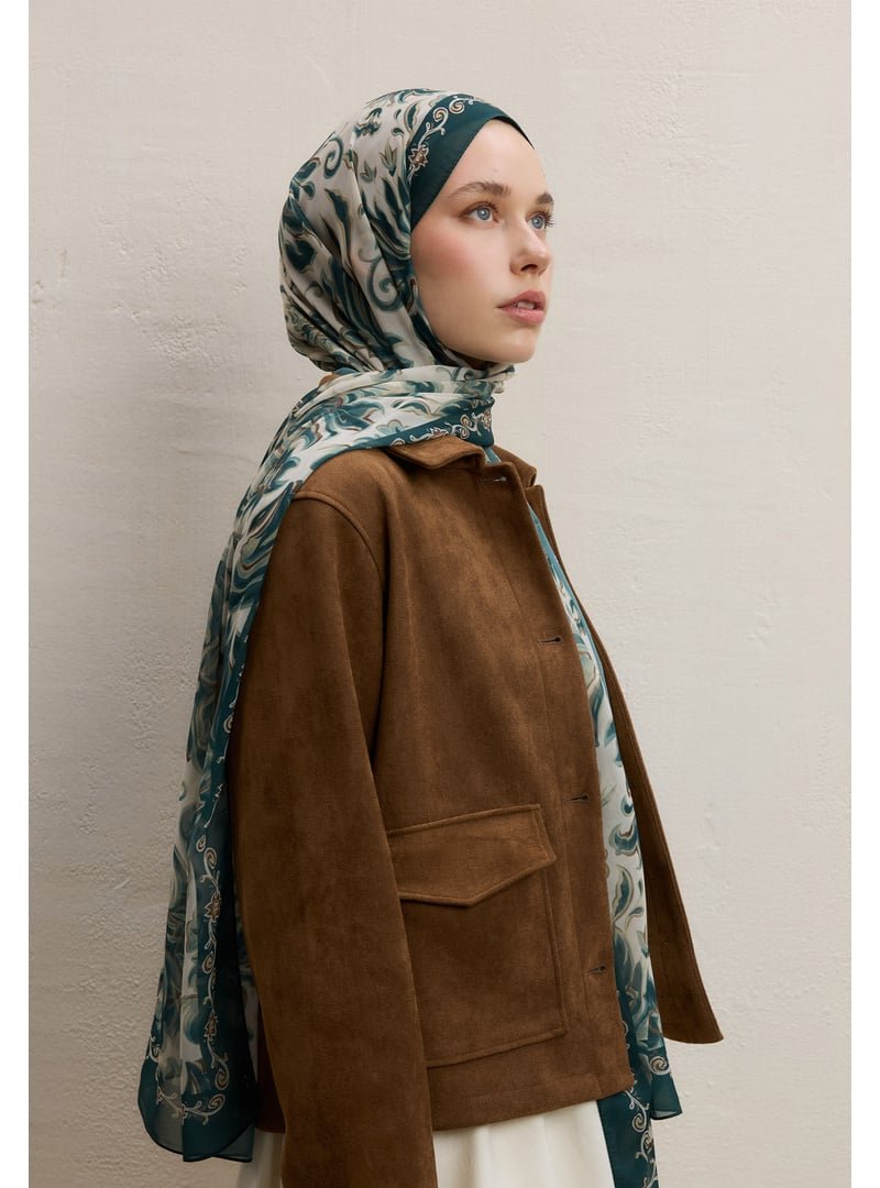 FRESHSCARFS Yeşil Laura Desen İpek Krep Şal Koyu