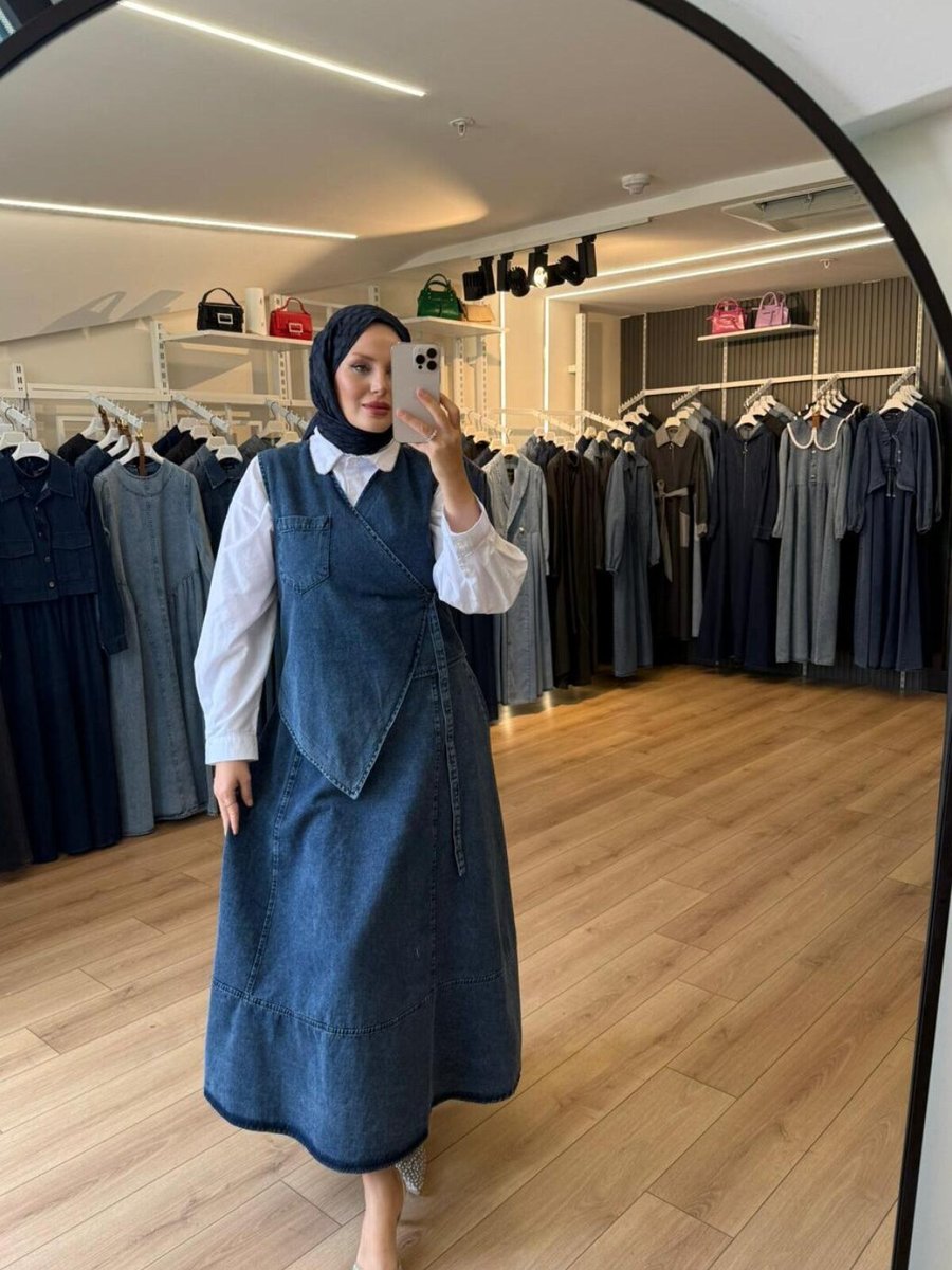OlaLady Lacivert Asimetrik Yelekli Yandan Kuşaklı Denim İkili Takım