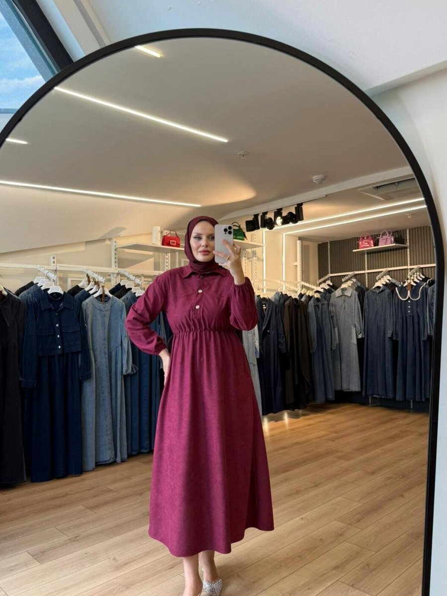 OlaLady Bordo Beli Büzgülü Süet Kumaş Elbise