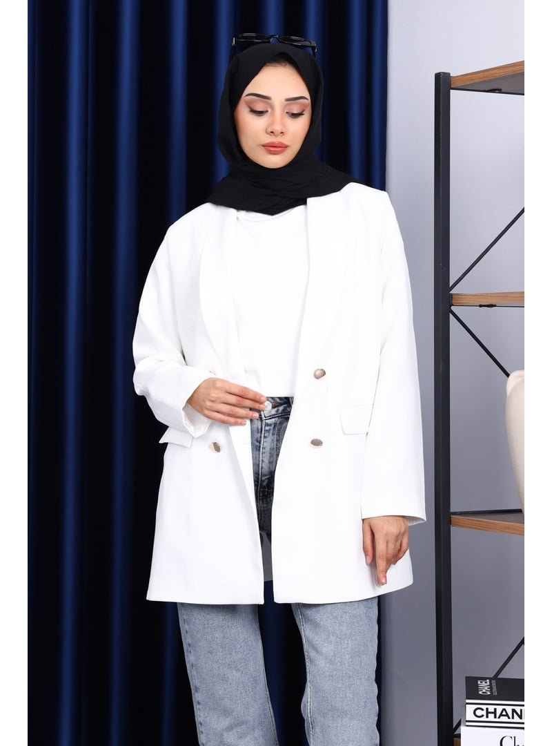 İmaj Butik Ekru Düğmeli Kruvaze Yaka Krep Ceket