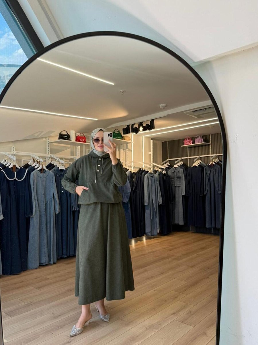 OlaLady Haki Süet Kumaş Kapüşonlu Etek Sweatshirt İkili Takım