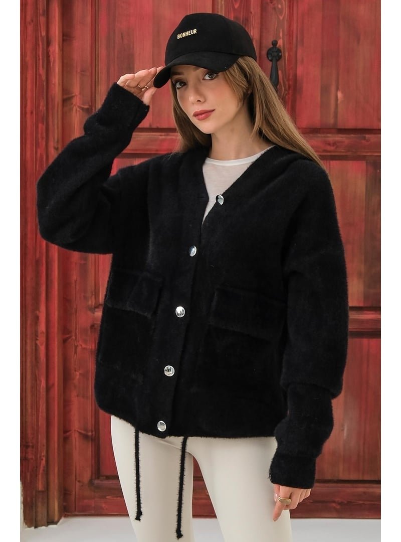 Olcay Siyah Kapüşonlu Bağcık Detaylı Angora Görünümlü Oversize Ceket