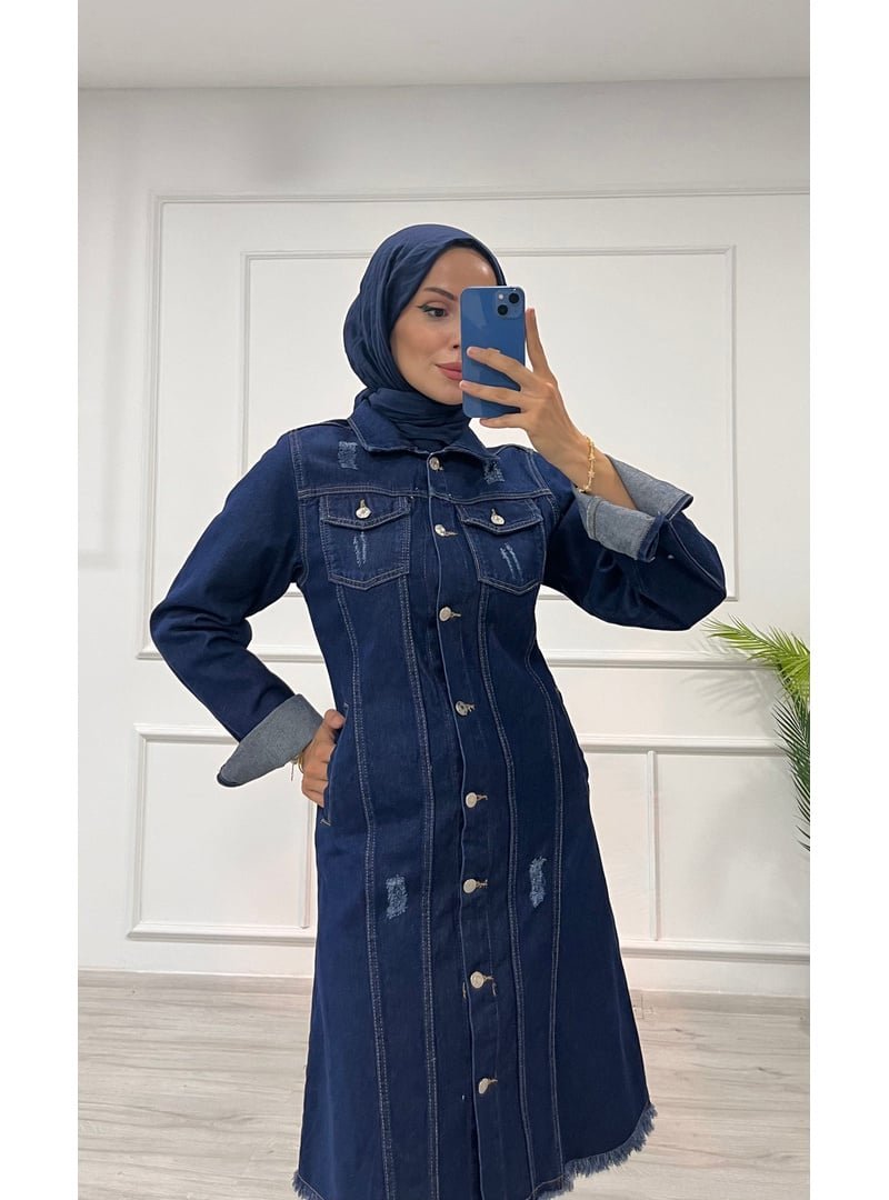 Destemoda Koyu Mavi Kot Tunik Püskül Detaylı Çift Cepli Denim Ceket
