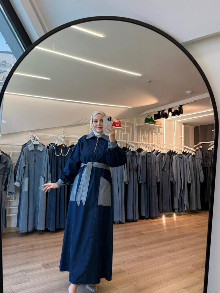 OlaLady Lacivert Açık Koyu Renk Kontrastlı Kemerli Kot Elbise