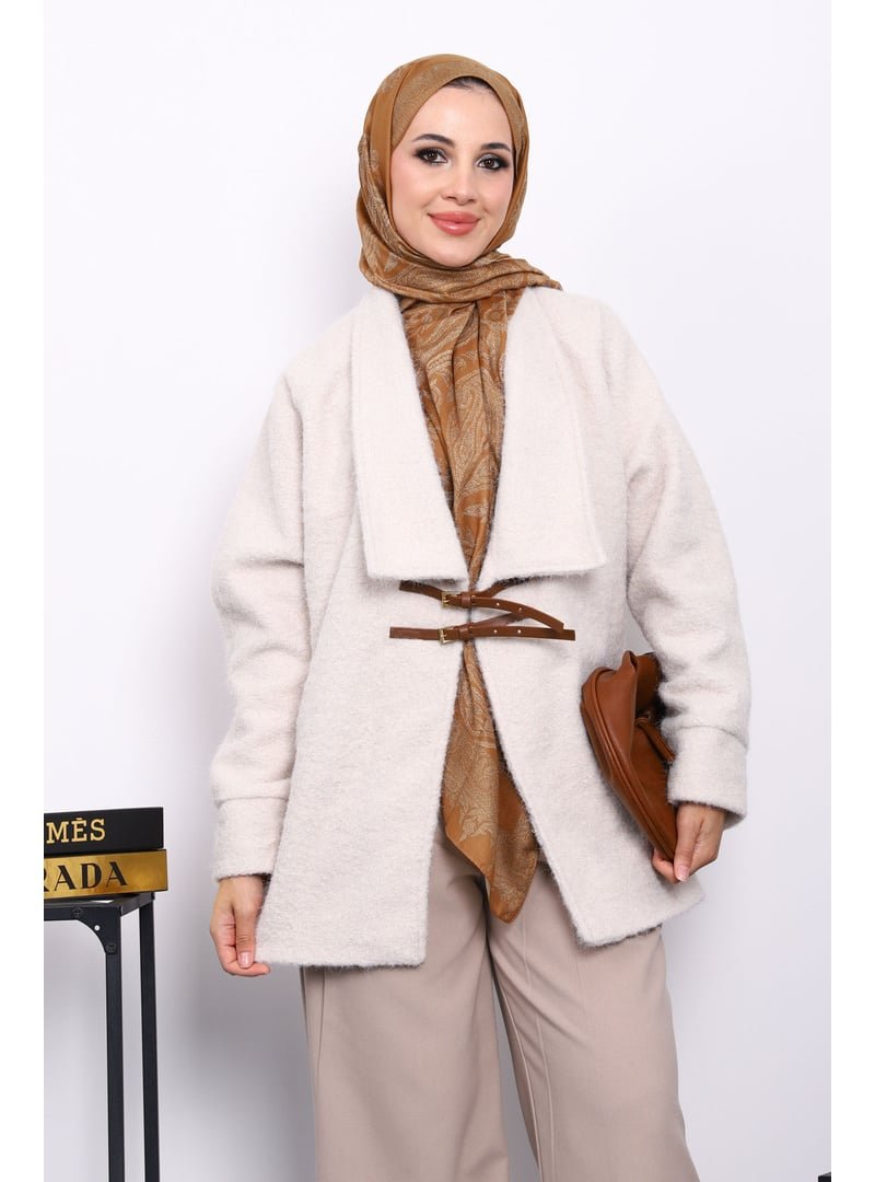 İmaj Butik Bej Kemer Detaylı Kaşe Kaban