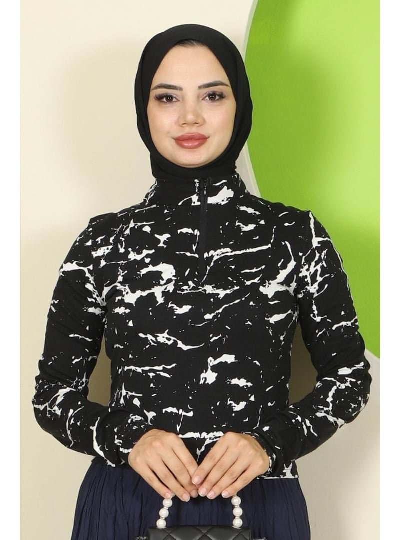 Hafsa Mina Siyah Mermer Desen Fermuarlı Body