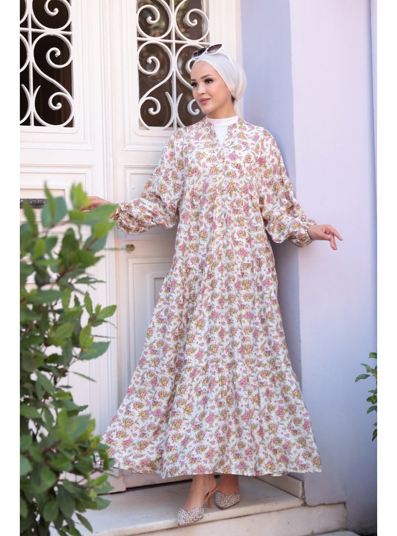 Locco Moda Beyaz Menekşe Desen Elbise