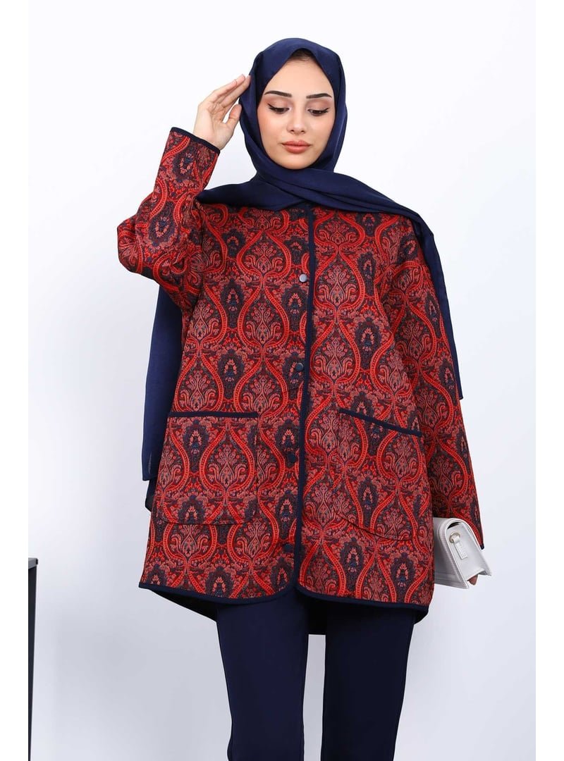 İmaj Butik Kırmızı Etnik Desenli Çıtçıtlı Ceket