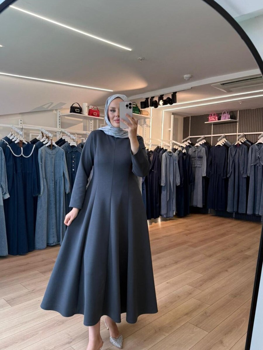 OlaLady Gümüş Pamuklu Kumaş Kloş Etekli Elbise