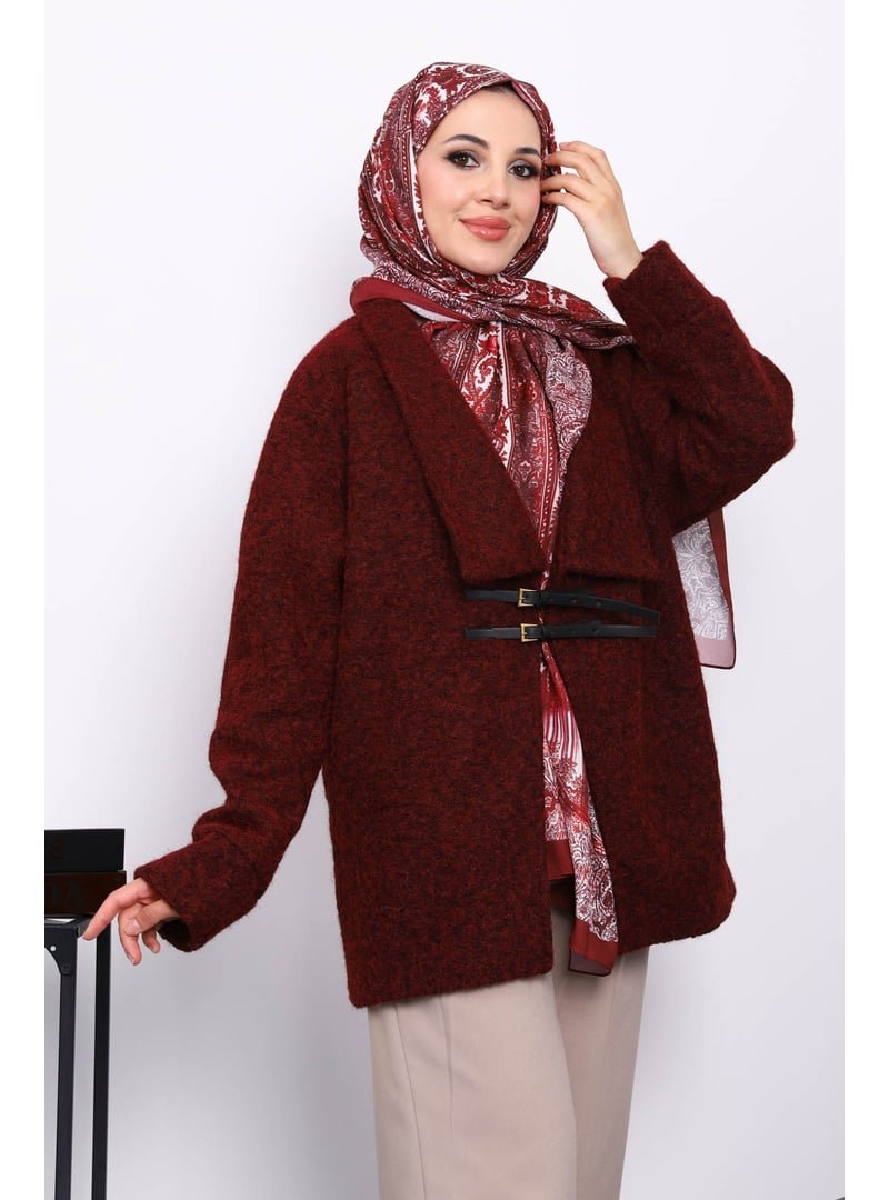 İmaj Butik Bordo Kemer Detaylı Kaşe Kaban