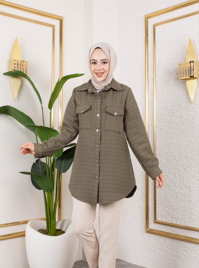 Harmatime butik Cep Detaylı Kapitone Kumaş Çıtçıtlı Haki Tunik