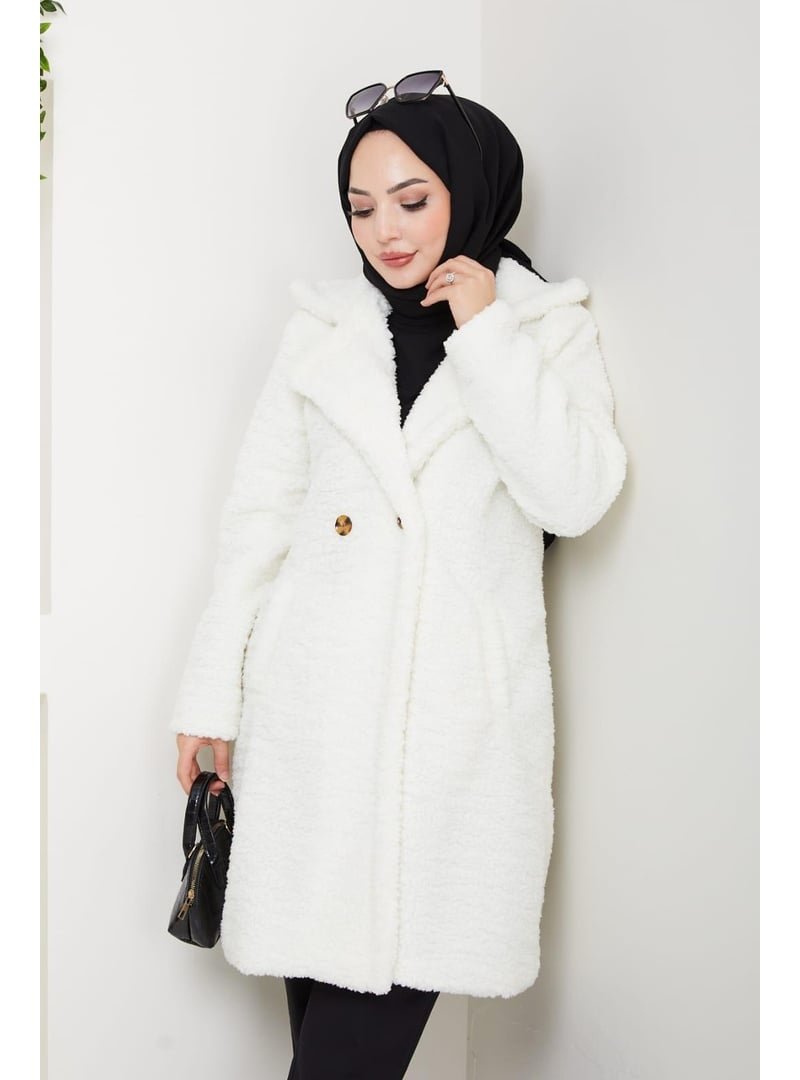 Harmatime butik Kürk Kumaş Astarlı Düğmeli Beyaz Kaban
