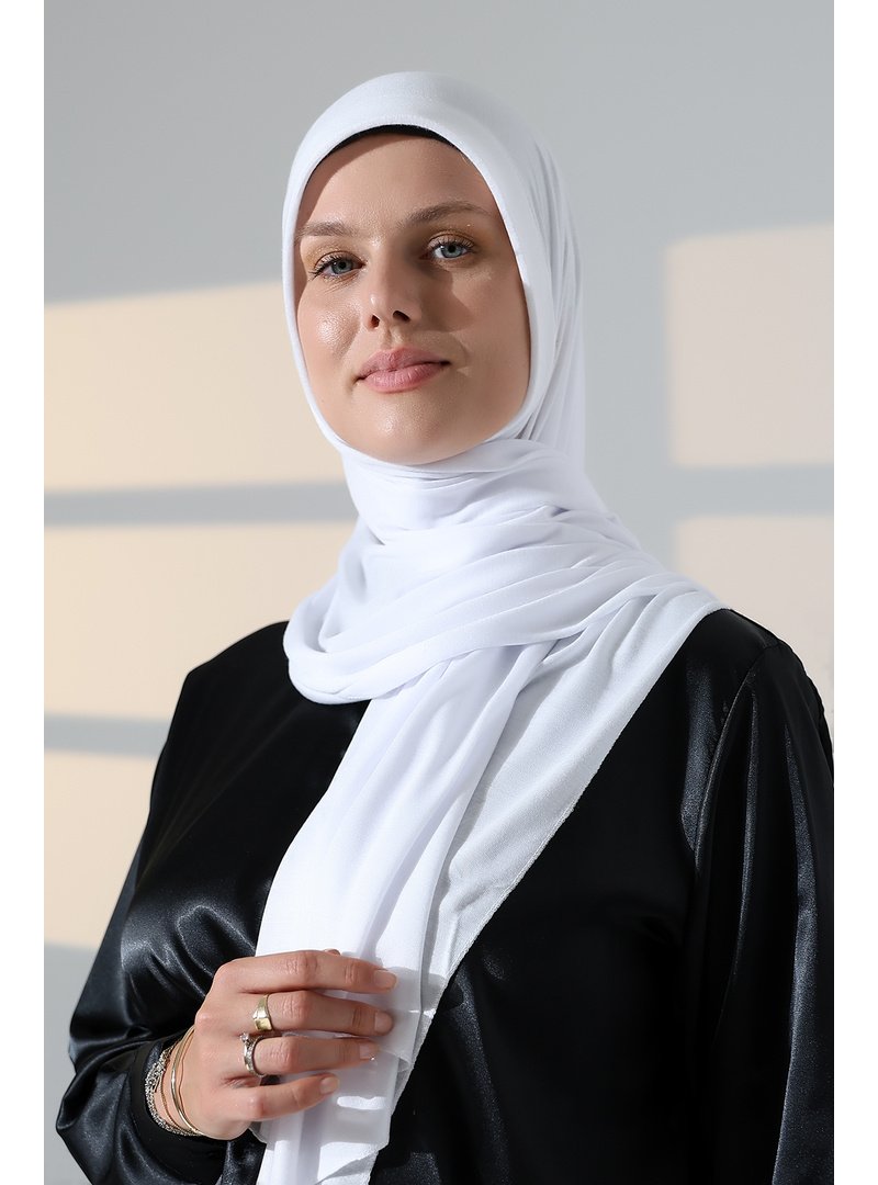 İhvanonline Beyaz Hazır Pratik Geçmeli Likralı Penye Şal