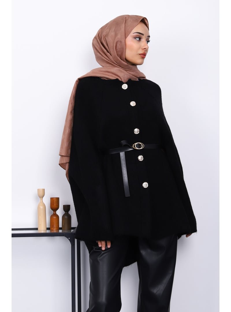 İmaj Butik Siyah Kemerli Şordonlu Triko Panço