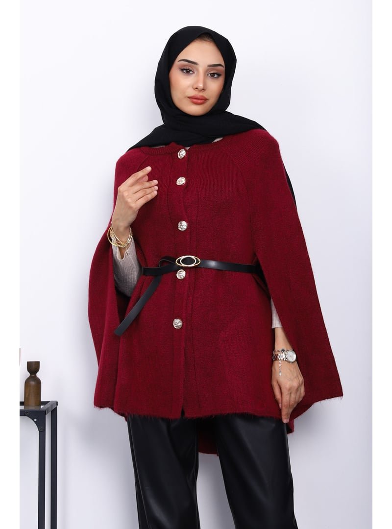 İmaj Butik Bordo Kemerli Şordonlu Triko Panço