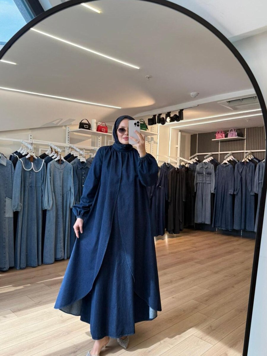 OlaLady Mavi Ön Kısmı Çift Kapaklı Boydan Büzgülü Balon Kollu Kap Pardesü