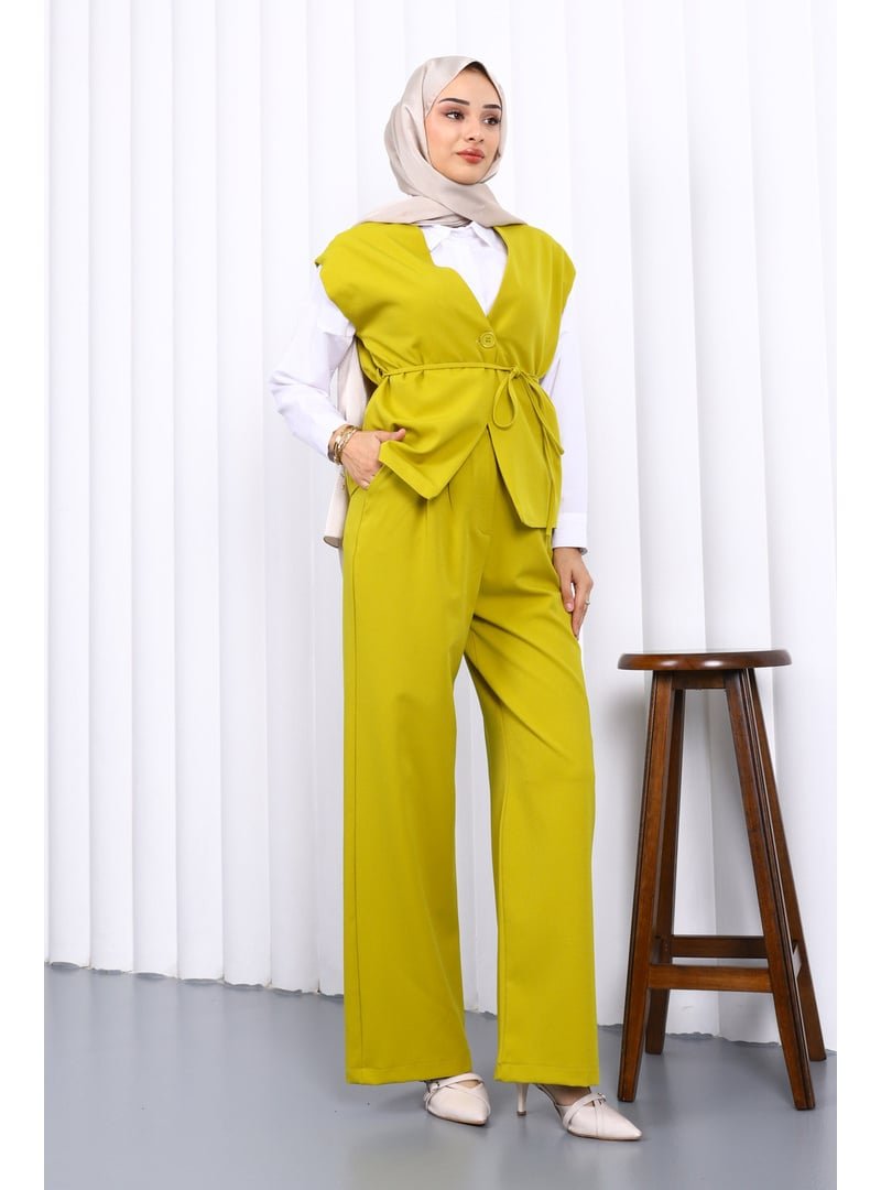 İmaj Butik Yağ Yeşili Yelek Pantolon İkili Takım