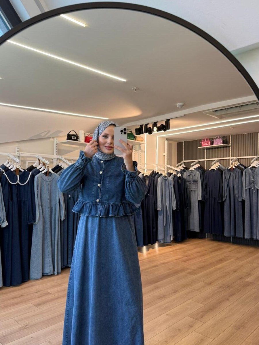 OlaLady Mavi Fırfır Detaylı Jile Ceket İkili Takım